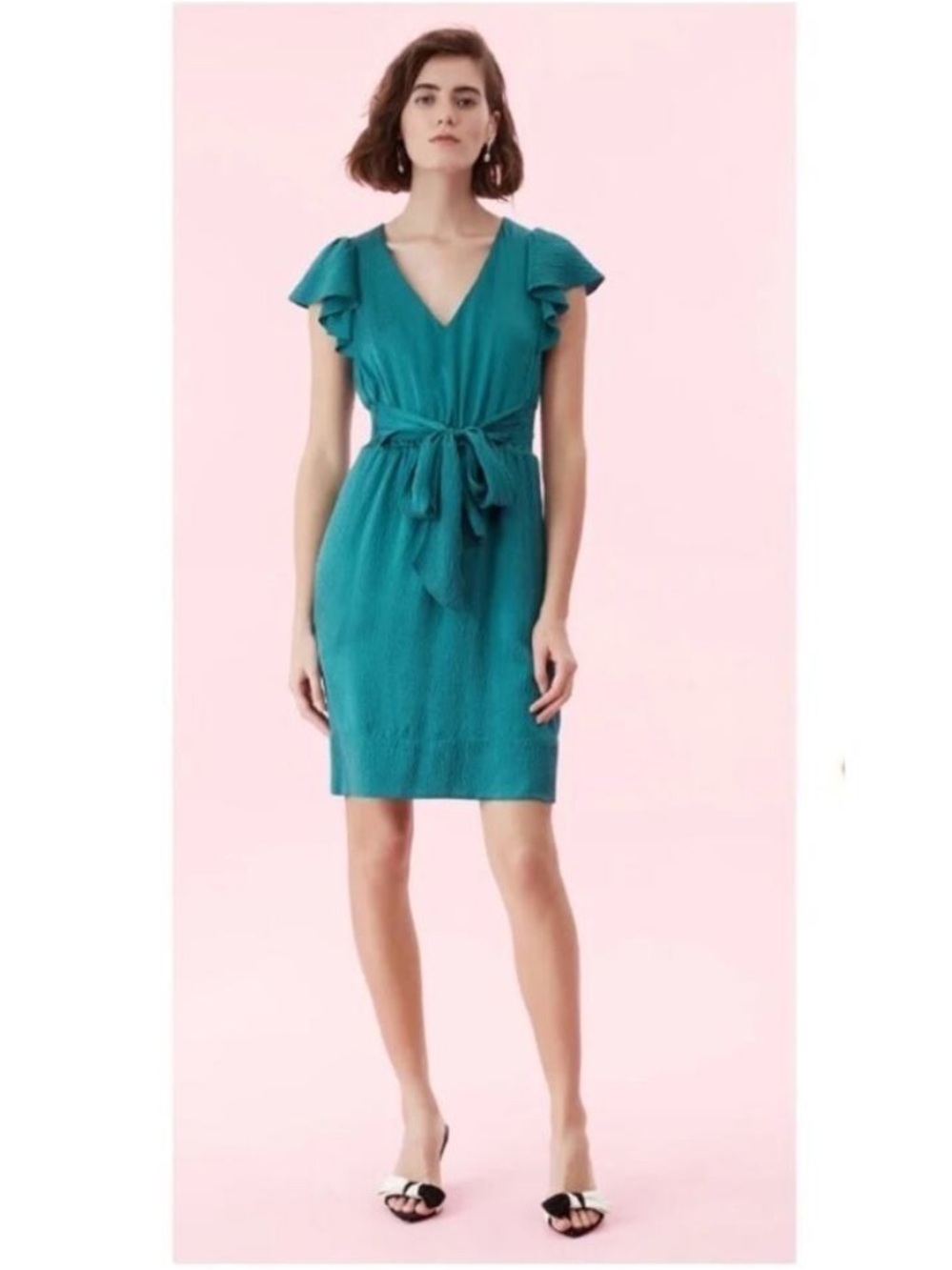 Rebecca Taylor silk flutter Women's Teal V-Neck Short Sleeve Dress